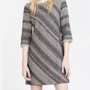 ZARA Gray Basic Medium Knit Black Stripes 3/4 Sleeves Dress